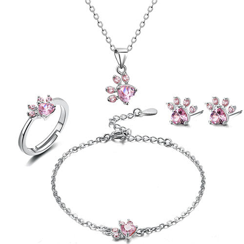 Rose Gold Paw Jewelry Set β 4 Pieces with Zirconia Heart (Ring, Necklace, Earrings, Bracelet)