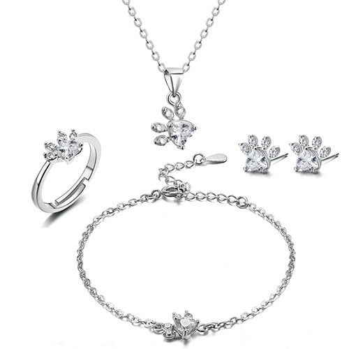 Rose Gold Paw Jewelry Set β 4 Pieces with Zirconia Heart (Ring, Necklace, Earrings, Bracelet)