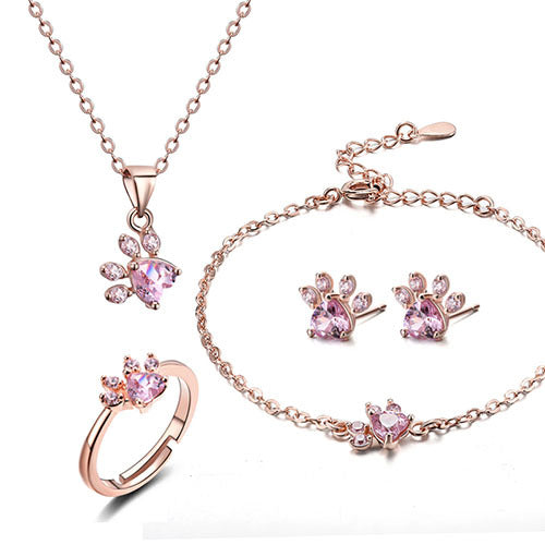 Rose Gold Paw Jewelry Set β 4 Pieces with Zirconia Heart (Ring, Necklace, Earrings, Bracelet)