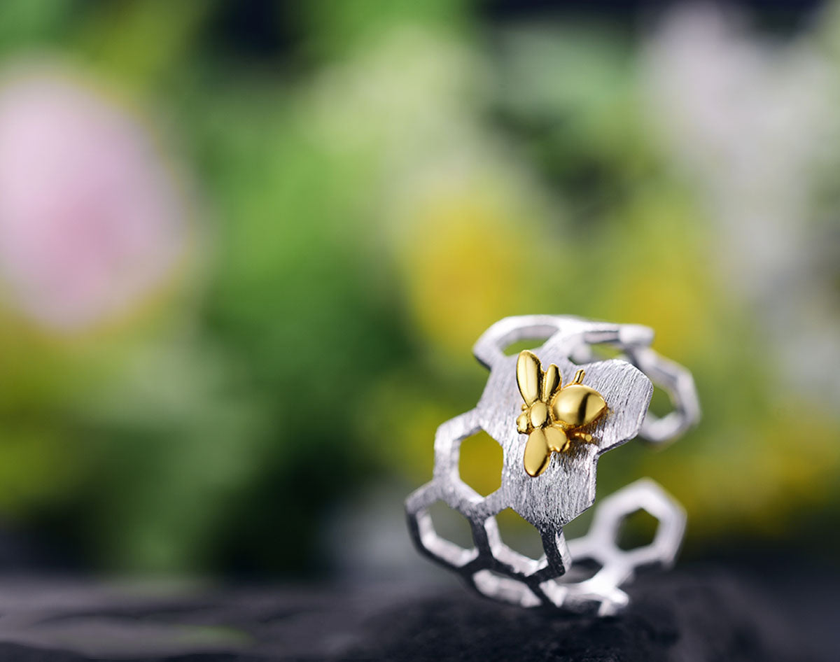 Adjustable 18K Gold Plated Honeycomb Ring