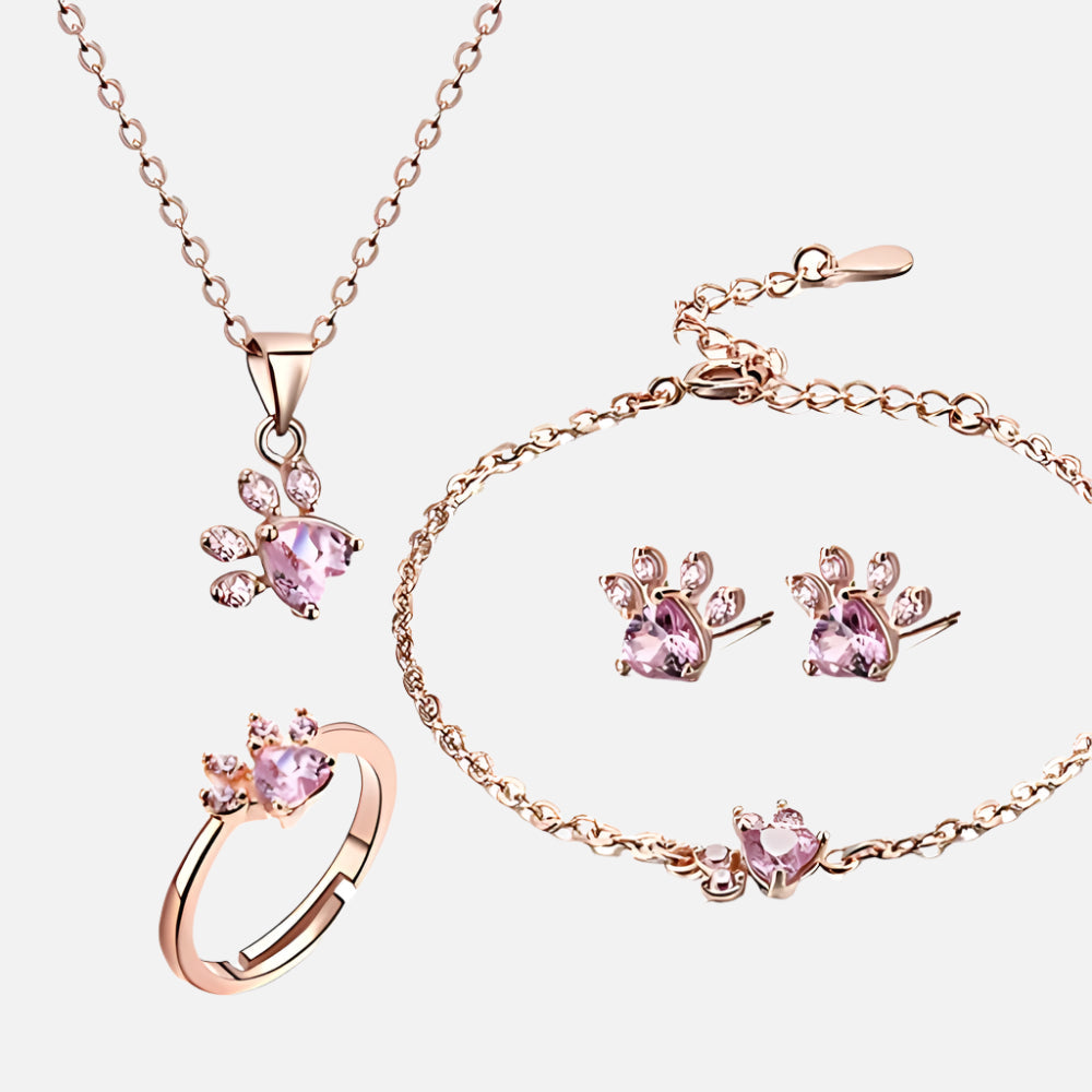 Rose Gold Paw Jewelry Set β 4 Pieces with Zirconia Heart (Ring, Necklace, Earrings, Bracelet)