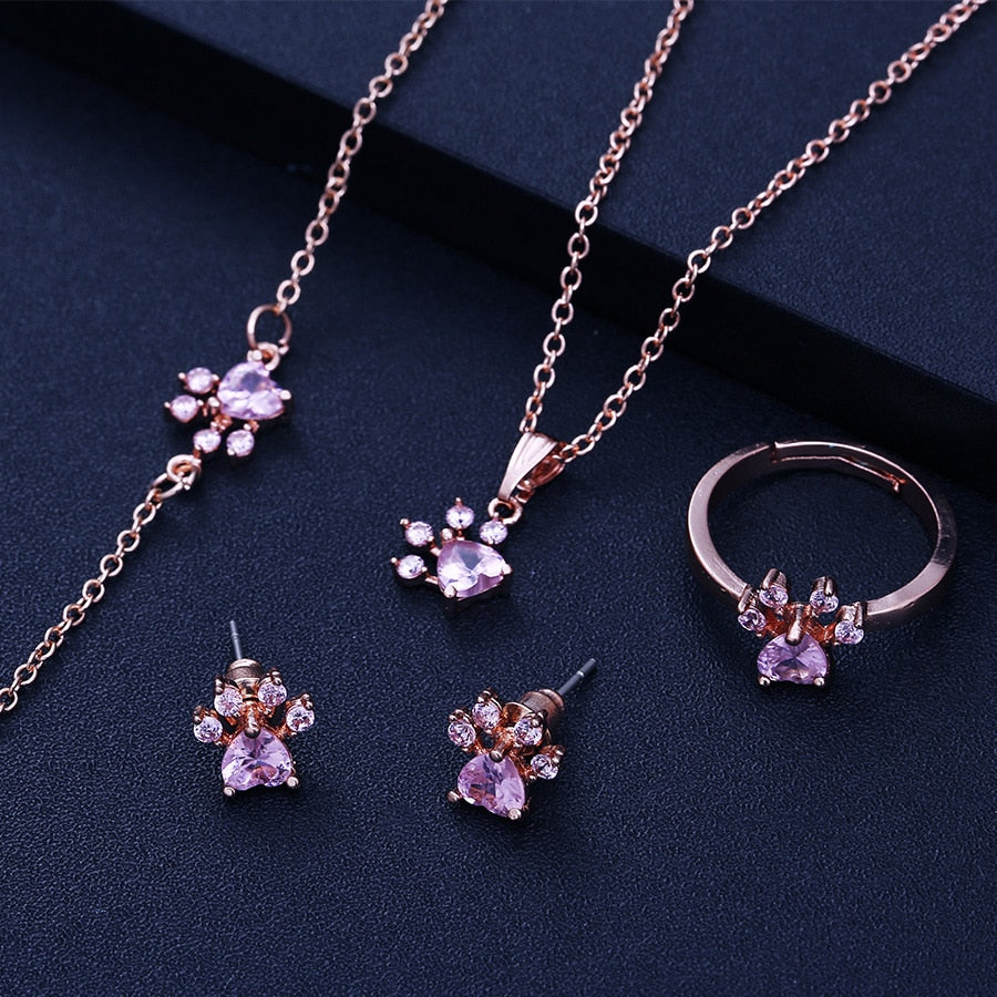 Rose Gold Paw Jewelry Set β 4 Pieces with Zirconia Heart (Ring, Necklace, Earrings, Bracelet)
